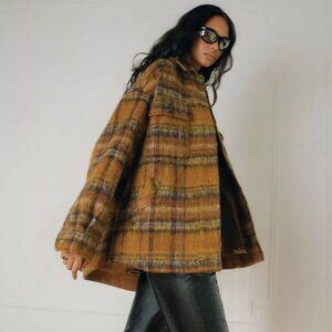 Urban Outfitters Brown Mustard Plaid Harlow Oversize Cozy Teddy Jacket size Smal